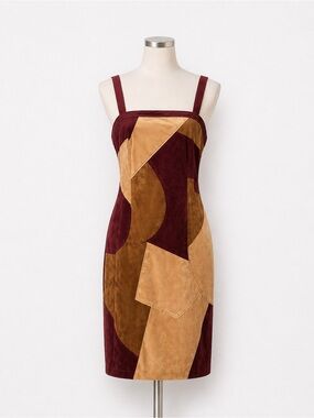 Ramy Brook Odette Suede Patchwork Sheath Dress Knee Length Tan Burgundy 8 NWT
